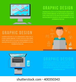 Graphic design . Vector gadgets ,designer , creative people . Flat style colorful banners set . Web designer flat infographic . Illustrator .Line Art icons