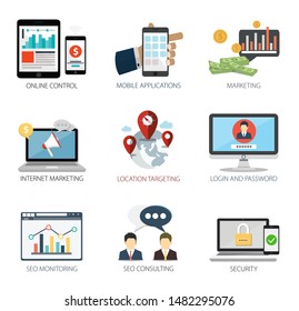 Graphic design vector icons collection of Online Control, Mobile Applications, Marketing, Internet Marketing, Location Targeting, Login Password, SEO Monitoring, SEO Consulting, Security. Graphic