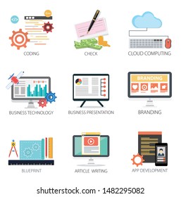 Graphic design vector icons collection of Coding, Check, Cloud Computing, Business Technology, Business Presentation, Branding, Blueprint, Article Writing, App Development. Graphic design elements