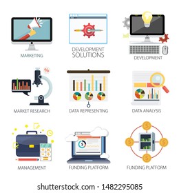 Graphic design vector icons collection of Marketing, Development Solutions, Development, Market Research, Data Representing, Data Analysis, Management, Funding Platform. Graphic design elements.