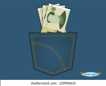 graphic design vector illustration of Chinese yuan in the pocket of blue jeans