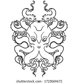Grafikdesign, Vektorgrafik eines Tintenfisch, Meeresbewohner, Skizze, Hintergrundmuster, Verwendung in gedruckter Form, handzeichnen