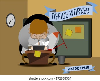 graphic design vector of office worker, business fat man working hard at his desk