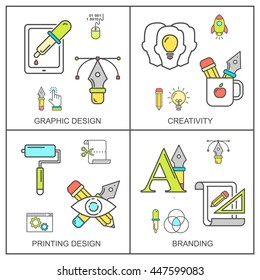 Graphic design vector pattern with colored linear icons. Line style designers background contains line style symbols.