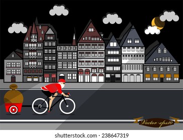 graphic design vector of santa claus cycling in the city with his gifts at night