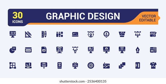 Graphic Design vector solid icon set. Includes flat solid technology, graphic design, creativity, computer, background, typography and more. Perfect for logos and infographics. Vector illustration.