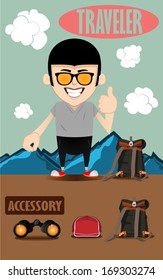 graphic design vector of traveler on the mountain with travel accessories