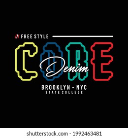 Graphic design vector typography core denim with colorful letters for t-shirt, vector illustration
