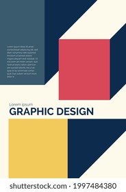 Graphic design with volume shapes. Vector illustration template poster. Modern and contemporary artwork with yellow and red squares.
