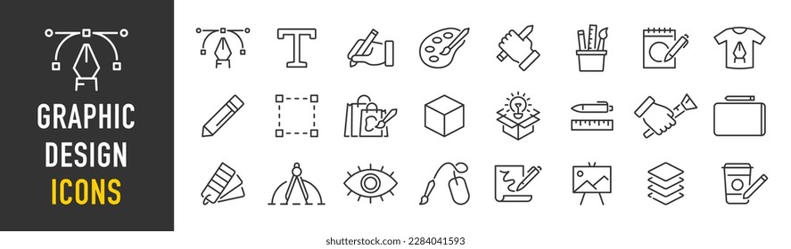 Graphic design web icons in line style. Icons for graphic designer, creative package, stationary, software, creativity, tools, drawing, collection. Vector illustration.