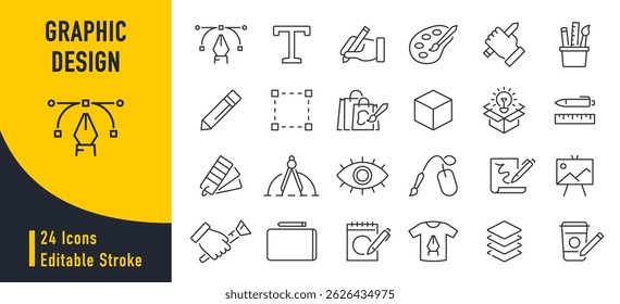 Graphic design web icons in line style. Icons for graphic designer, creative package, stationary, software, creativity, tools, drawing, collection. Vector illustration.