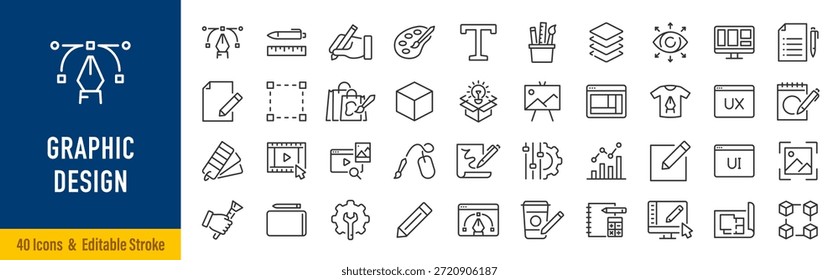 Diseño gráfico iconos web en estilo de línea. Iconos para diseñador gráfico, paquete creativo, estacionario, software, creatividad, herramientas, dibujo, colección. Trazo editable. Ilustración vectorial.