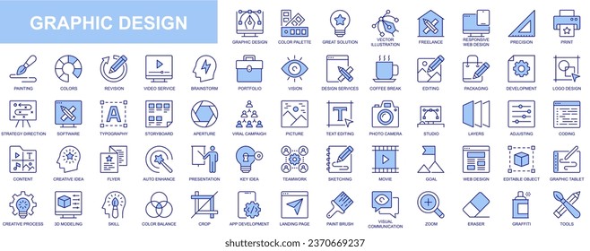 Iconos web de diseño gráfico establecidos en diseño de línea azul. Paquete de paleta de colores, solución, freelance, impresión, pintura, servicio de vídeo, brainstorming, portafolio, edición, otros. Pictogramas de trazo de contorno del vector