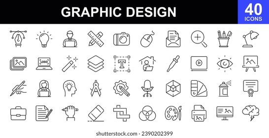 Graphic design web icons set. Web design - simple thin line icons collection. Containing creative process, paintbrush, prepress, palette, digital creative tool, layout and more. Simple web icons set