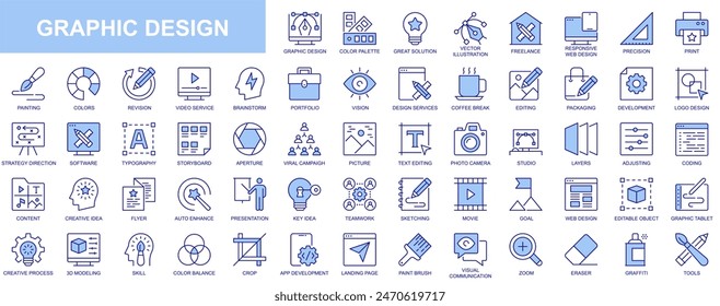 Graphic design web icons set in duotone outline stroke design. Pack pictograms with color palette, content, freelance, print, painting, brainstorm, portfolio, creative idea, tool. Vector illustration.