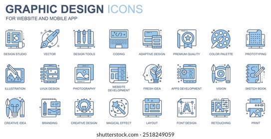 Graphic design web icons set in duotone line design. Pack of tools, coding, premium quality, color palette, prototyping, ui ux, photography, idea, other outline stroke pictograms. Vector illustration