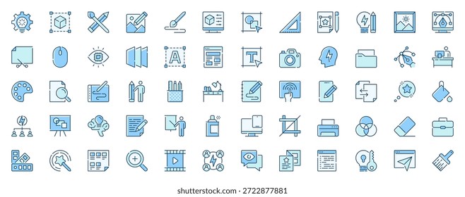 Websymbole für Grafikdesign, die im Liniendesign festgelegt sind. Duotone Piktogramm Paket von Idee, Modellierung, Pinsel, Zeichnung, Computer-Prototyp, Drahtmodell, Schichten, mehr Kontur Strichzeichen. Vektorgrafik.