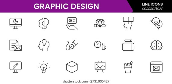 Ícones da web de design gráfico definidos em design de traçado de contorno duotônico. Pack pictogramas com paleta de cores, conteúdo, freelance, impressão, pintura, brainstorm, portfólio, ideia criativa, ferramenta. Ilustração vetorial.