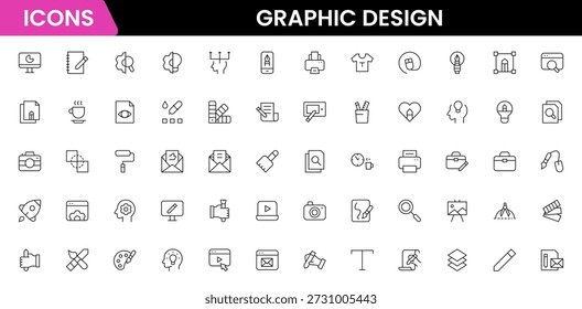 Iconos web de Diseño gráfico establecidos en diseño de trazo de contorno de duotono. Pack de pictogramas con paleta de colores, contenido, freelance, impresión, pintura, lluvia de ideas, Cartera, idea creativa, herramienta. Ilustración vectorial.