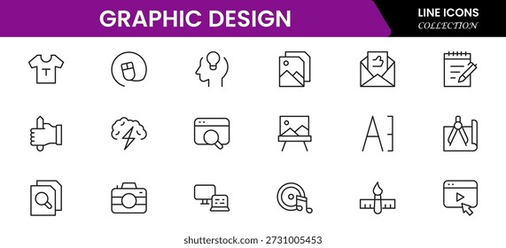 Graphic design web icons set in duotone outline stroke design. Pack pictograms with color palette, content, freelance, print, painting, brainstorm, portfolio, creative idea, tool. Vector illustration.