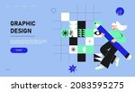 Graphic design website. Design studio, graphic designer, hire online, landing web page, UI, menu element, freelance illustrator, creative service landing  vector UI template. Trendy character design.