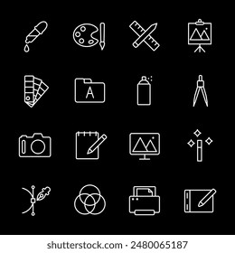 Graphic design, white line icons. Tools and symbols for graphic design projects. Ideal for creative and digital art themes. Symbols on black background. Editable stroke.