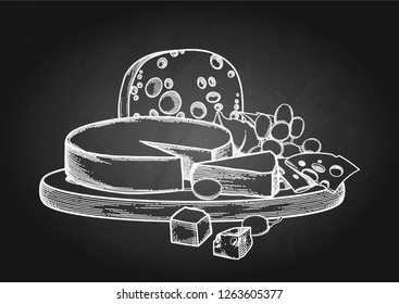 Graphic design witn different types of cheese and grapes on the wooden plate. Vector illustration isolated on the chalkboard background