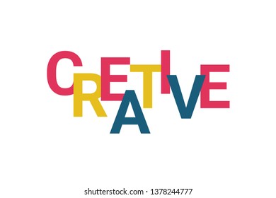 Graphic design of a word "creative" in playful way with blue, pink and yellow colors. Modern typography.