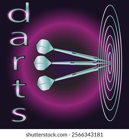 graphic design with the word "darts" on a dark purple background. In the center of the image is a round target with three darts hitting the center. Silver darts. The overall design is modern 