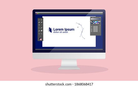 Graphic design work on desktop computer - Screen with unbranded design software and user interface.  Design profession concept.
