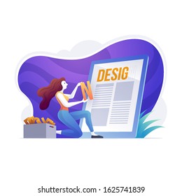 Sitio de diseño gráfico con ordenador o tablet digital. Diseñador está creando estilos modernos de iconos de ilustración vectorial conjunto de elementos y herramientas de diseñador gráfico, objetos de oficina y equipos diversos. 
