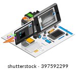 Graphic design workplace isometric concept with computer and coffee vector illustration 