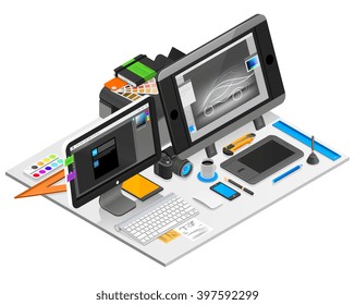 Graphic design workplace isometric concept with computer and coffee vector illustration 