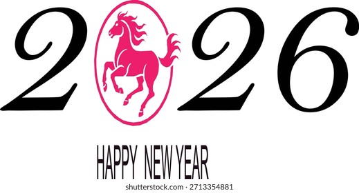 A graphic design for the year 2026, featuring bold black numerals and a vibrant pink horse emblem within an oval, accompanied by the text 'HAPPY NEW YEAR'.