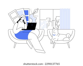 Graphic designer abstract concept vector illustration. Woman with dog working from home, graphic designer, remote job, IT business professional, self-employed digital nomad abstract metaphor.