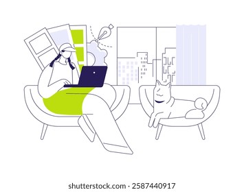 Graphic designer abstract concept vector illustration. Woman with dog working from home, graphic designer, remote job, IT business professional, self-employed digital nomad abstract metaphor.