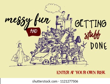 A graphic designer artist or computer programmer still works on a big pile of messy stuff. Funny poster concept. Editable Clip Art.