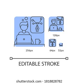 Conjunto de iconos lineales azules del diseñador gráfico. Edición gráfica, diseño artístico, proyecto en línea. Ilustraciones vectoriales de línea delgada personalizables de 256, 128, 64 y 32 px. Símbolos de contorno. Trazo editable