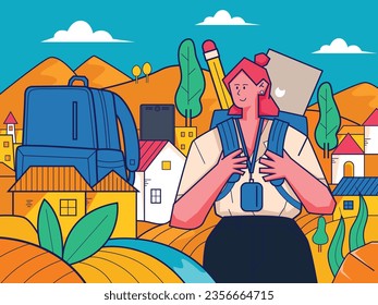 Diseñador gráfico con ilustración vectorial de mochila