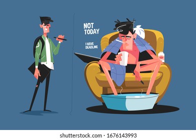 Graphic designer catch cold vector illustration. Guy soaring feet, drinking hot tea and holding thermometer in mouth flat style concept. Not today I have deadline concept