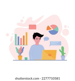 Graphic designer character illustration in front of laptop working