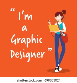 Graphic designer character with laptop on orange background