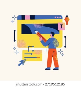 Caractere de Designer Gráfico Trabalhando na IU da Web Design Conceito Ilustração de Vetor com Lápis Grande, Ícone de Ferramenta de Caneta, Símbolo de Texto de Tipo e Controles Deslizantes de Configurações em um Estilo Moderno de Arte Texturizada Granulada