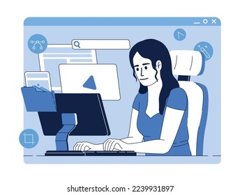 Graphic designer at computer flat concept vector illustration. Working online. Editable 2D cartoon character on white for web design. Freelance creative idea for website, mobile, presentation