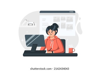 Graphic designer concept in flat design. Woman illustrator draws on tablet and creates content to fill website using computer, makes creative projects. Vector illustration with people scene for web