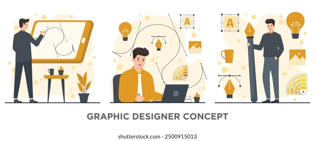 Grafikdesignerkonzept mit flachen Symbolen. Vektorgrafik des grafischen Gestaltungsprozesses