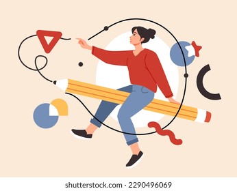 Graphic designer concept, flat illustration. Woman holding big pencil. Creative illustrator at work process.  
