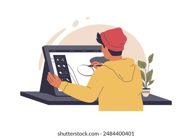 Graphic designer concept illustration. Artist drawing digital art on tablet. Illustration for websites, landing pages, mobile applications, posters and banners. Trendy flat vector illustration