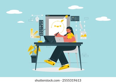 Graphic designer concept illustration. Designer working on a computer and using a digital tablet, representing graphic design and digital art.