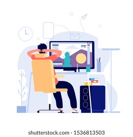 Graphic designer concept. Man at computer works at home office with graphic editor app on monitor and makes design. Vector background